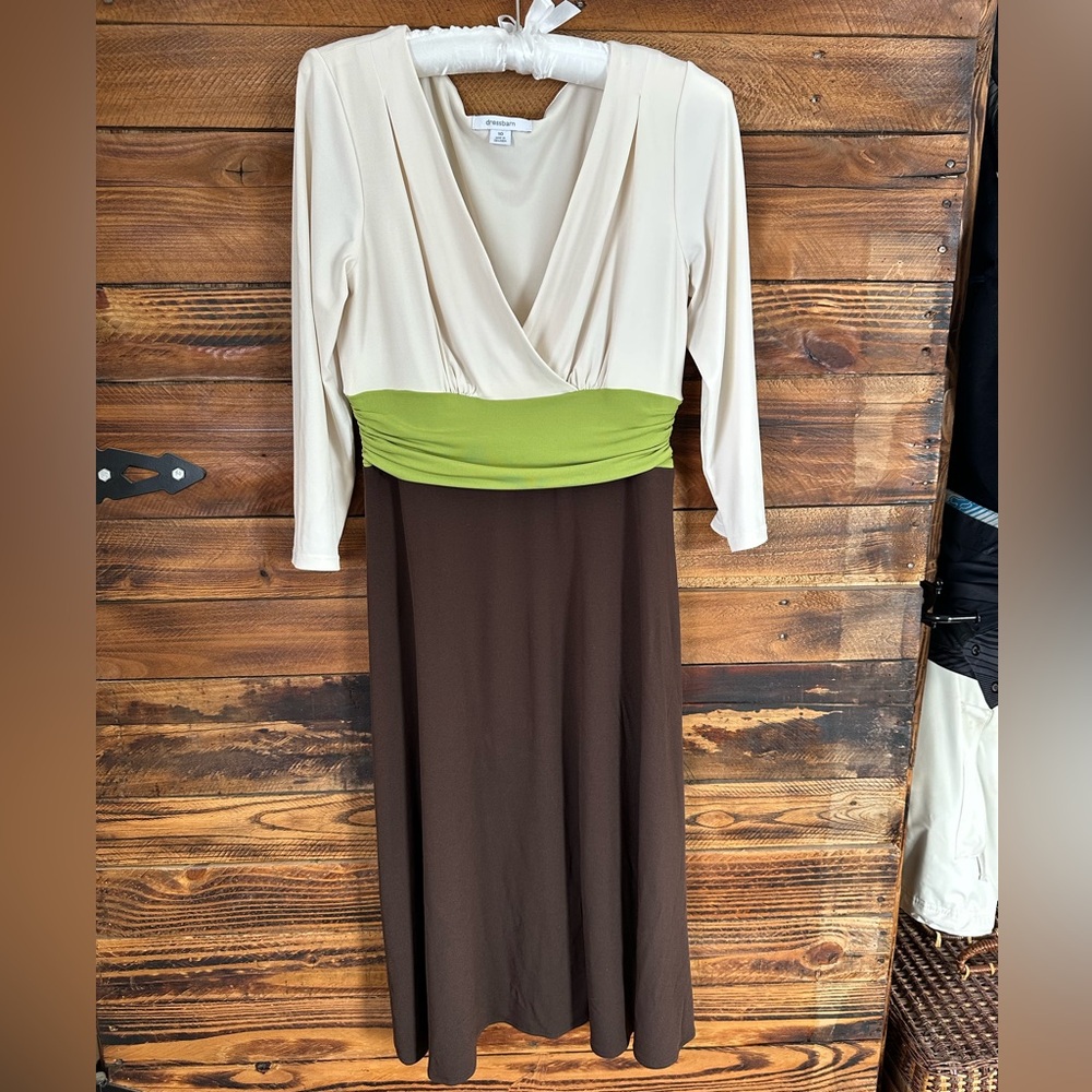 Dressbarn Colorblock Midi Dress Size 10 Green Brown Cream
